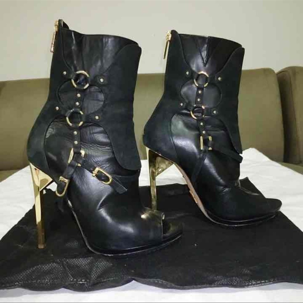 Herve Leger Black Leather Ankle Boots with Gold Accents